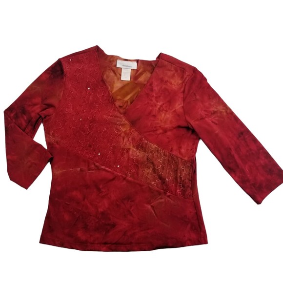 Vintage Dressbarn V Neck Top Women M Red Tie Dye 3/4 Slv Stretch Sequin 90s Y2K - Picture 1 of 14